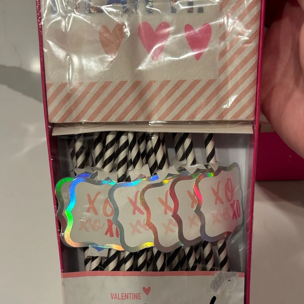 Valentine's Party Picks & XOXO Straw/ Napkin Set- Pink,Silver,Black & White..NWT